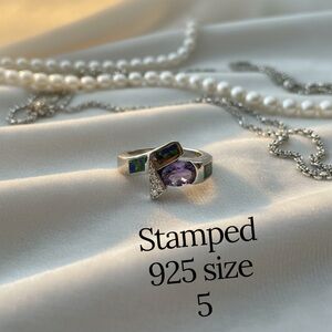 Rare Amethyst Ring with multi color inlay and cz sterling silver  Ring